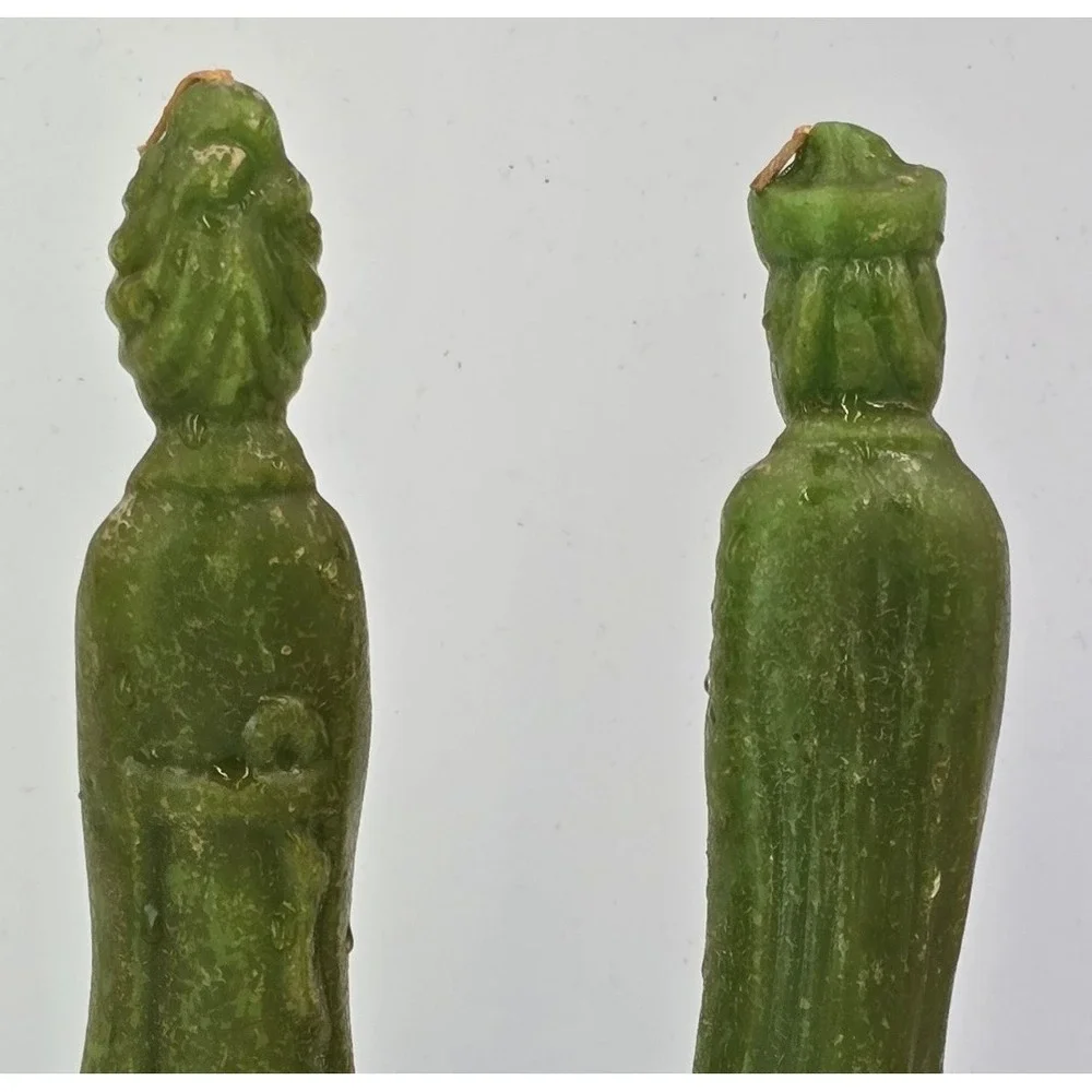 Vintage Ceremonial Jade Green Chinese Figure Carved Wax Candles Pair Unused